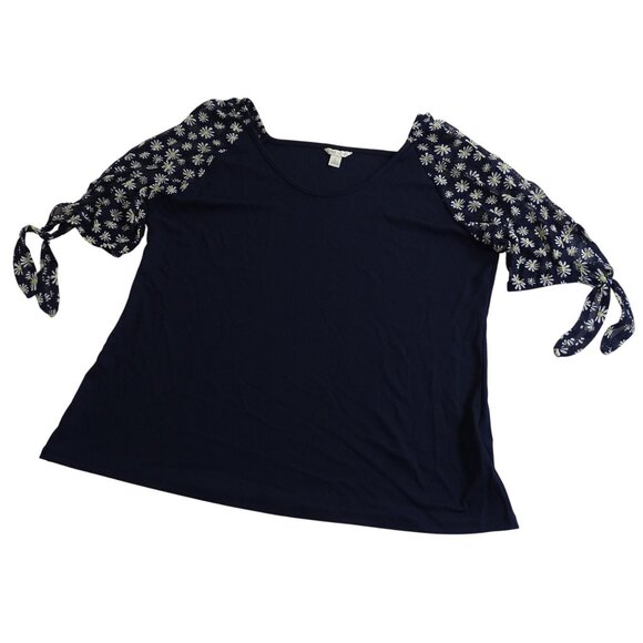 Cato Navy Blue Ribbed Top Shirt Womens Size L Floral Short Sleeve Round Neck - Picture 1 of 10
